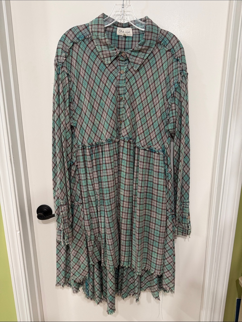 Oli & Hali Teal and Gray Plaid Button-Front Long Sleeve Dress